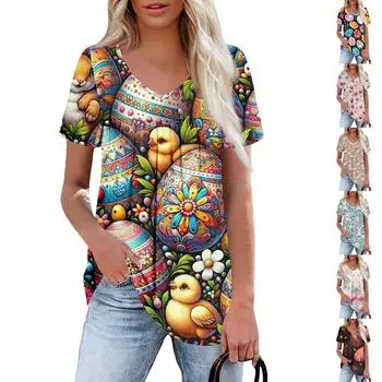 Женская повседневная рубашка с V-образным вырезом и короткими рукавами, с плиссированным пасхальным принтом на груди M