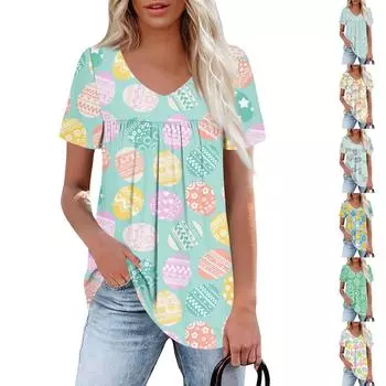 Женская повседневная рубашка с V-образным вырезом и короткими рукавами, с плиссированным пасхальным принтом на груди S синий