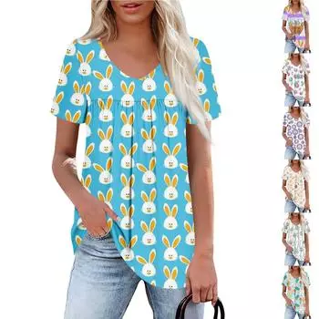 Женская повседневная рубашка с V-образным вырезом и короткими рукавами, с плиссированным пасхальным принтом на груди XXL фиолетовый