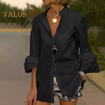 Женская повседневная рубашка с воротником-стойкой и v-образным вырезом, рубашка с расклешенными рукавами 3/4, однотонные однобортные топы средней длины S белый