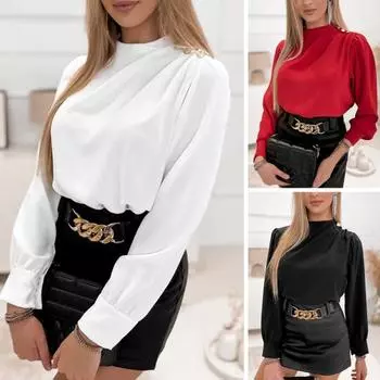 Женская повседневная рубашка с высоким воротником, пышный пуловер с длинными рукавами, топы с декором на пуговицах, однотонная тонкая блузка, уличная одежда S белый