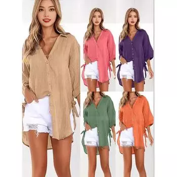 Женская повседневная рубашка со шнуровкой и пуговицами на лацканах, свободная рубашка с длинным рукавом и завязками по бокам, размер плюс 5XL белый