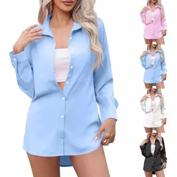 Женская повседневная рубашка средней длины с длинным рукавом, однотонные топы XXL синий