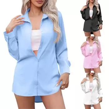 Женская повседневная рубашка средней длины с длинным рукавом, однотонные топы L чёрный