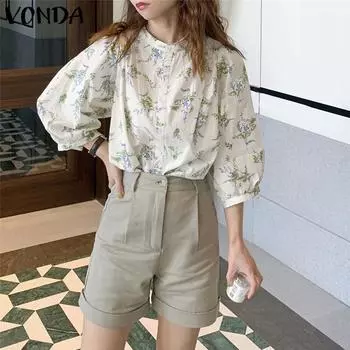 Женская повседневная рубашка VONDA с небольшим воротником-стойкой и длинными рукавами и пуговицами