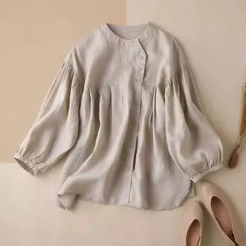 Женская повседневная рубашка в стиле ретро с круглым вырезом и длинным рукавом, однобортная рубашка, дизайн свободного покроя, однотонная блузка M хаки