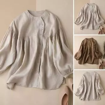 Женская повседневная рубашка в стиле ретро с круглым вырезом и длинным рукавом, однобортная рубашка, дизайн свободного покроя, однотонная блузка 3XL хаки