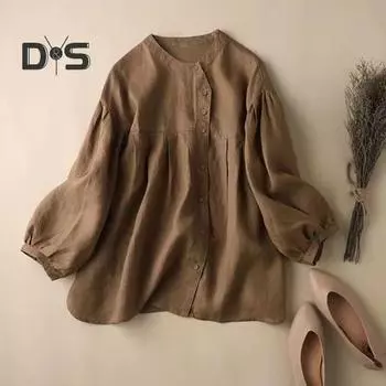 Женская повседневная рубашка в стиле ретро с круглым вырезом, однобортная рубашка с длинным рукавом, свободный крой, однотонная блузка M хаки