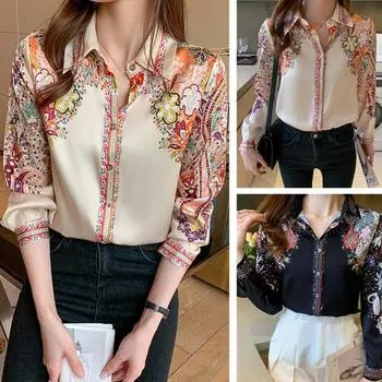 Женская повседневная рубашка, весенне-осенняя блузка с цветочным принтом, топы с лацканами, однобортная рубашка с длинным рукавом, топы XL чёрный