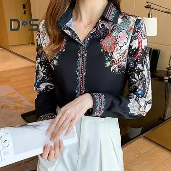 Женская повседневная рубашка, весенне-осенняя блузка с цветочным принтом, топы с лацканами, однобортная рубашка с длинным рукавом, топы XL чёрный