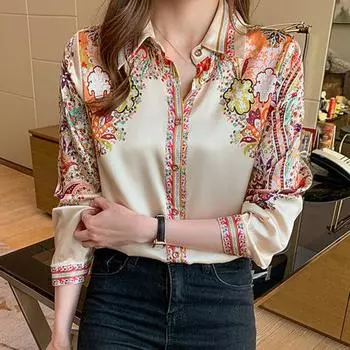 Женская повседневная рубашка, весенне-осенняя блузка с цветочным принтом, топы с лацканами, однобортная рубашка с длинным рукавом, топы L абрикосовый
