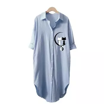 Женская повседневная рубашка выше колена с воротником-стойкой, повседневное свободное платье-рубашка с длинным рукавом и пляжным принтом S