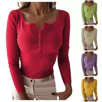 Женская повседневная сексуальная кофта-свитер с пуговицами, V-образным вырезом, длинными рукавами, трикотажная нижняя рубашка S красный