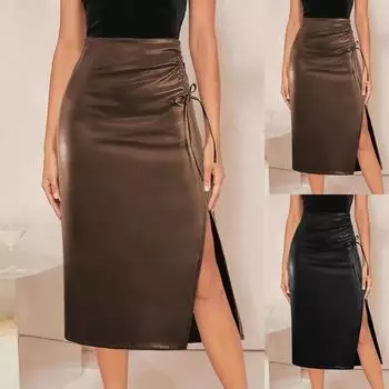 Женская повседневная сексуальная плиссированная кожаная юбка на молнии с высокой талией и шнурком, полуюбка L чёрный