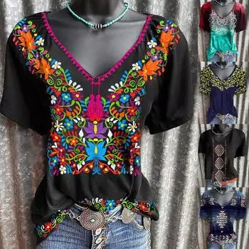Женская повседневная сексуальная свободная футболка в стиле бохо с принтом и v-образным вырезом, повседневная футболка с коротким рукавом XXL разноцветный