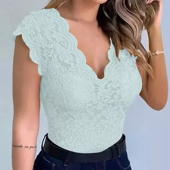 Женская повседневная сексуальная тонкая однотонная кружевная майка с v-образным вырезом, женское сексуальное кружевное эротическое белье XL циан