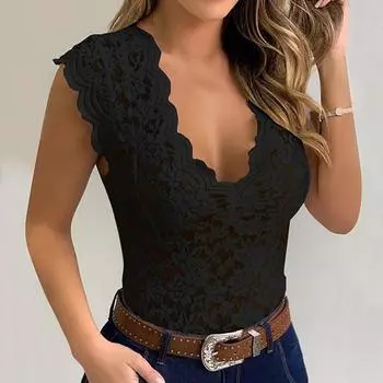 Женская повседневная сексуальная тонкая однотонная кружевная майка с v-образным вырезом, женское сексуальное кружевное эротическое белье L чёрный