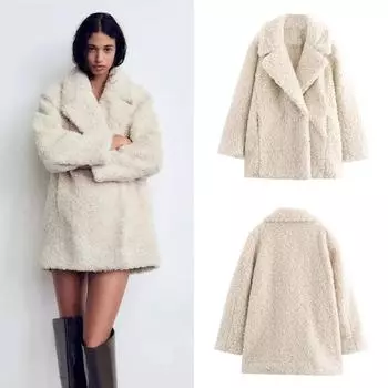 Женская повседневная шуба из искусственного меха, овечья шерсть, термокуртка с карманами, модное пальто с воротником-лацканом и длинными рукавами XS бежевый