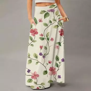 Женская повседневная складная юбка макси с цветочным принтом, высокой талией, карманом, драпировкой и свободным кроем XXL бежевый