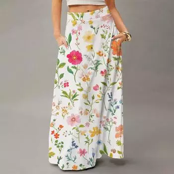 Женская повседневная складная юбка макси с цветочным принтом, высокой талией, карманом, драпировкой и свободным кроем XL
