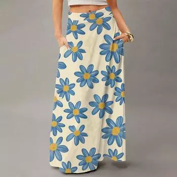 Женская повседневная складная юбка макси с цветочным принтом, высокой талией, карманом, драпировкой и свободным кроем L синий