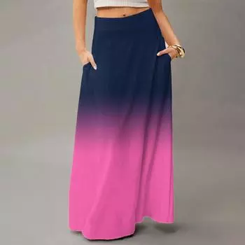 Женская повседневная складная юбка макси с градиентным принтом, высокой талией, карманом, драпировкой, свободного кроя M тёмно-синий