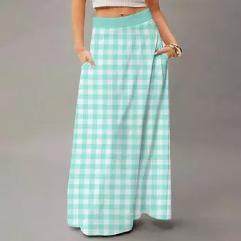 Женская повседневная складная юбка макси с высокой талией, драпированная, свободного кроя, с карманом, в полоску, в клетку L