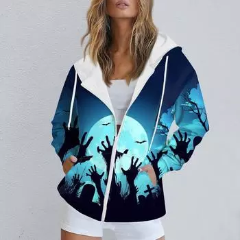 Женская повседневная спортивная одежда с принтом на Хэллоуин, осенне-зимняя куртка с капюшоном и длинными рукавами, с карманом на молнии XL