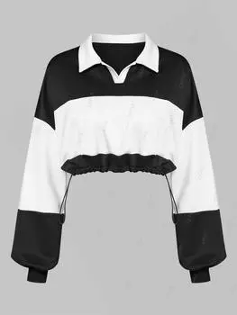 Женская повседневная спортивная повседневная толстовка ZAFUL в двухцветном стиле с цветными блоками, воротником-стойкой, длинными рукавами и завязками на талии S чёрный