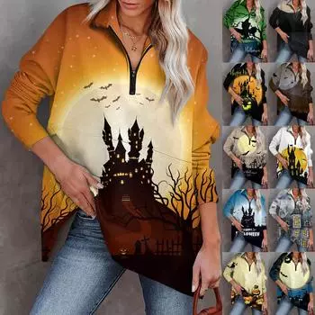 Женская повседневная спортивная рубашка оверсайз на половинной молнии, с длинными рукавами, принтом Хэллоуина и карманным пуловером, топ XXL зелёный