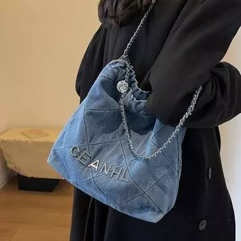 Женская повседневная сумка весна 2024 года, новая джинсовая сумка на цепочке с ромбовидной сеткой, модная сумка-ведро большой вместимости на одно плечо