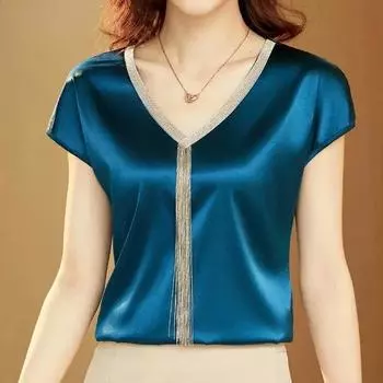 Женская повседневная свободная атласная блузка, рубашка с коротким рукавом, однотонная мода, кисточка, V-образный вырез, офисная леди, летняя одежда, M синий
