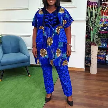 Женская повседневная свободная блузка и брюки большого размера с v-образным вырезом и короткими рукавами, костюмы из двух предметов M оранжевый