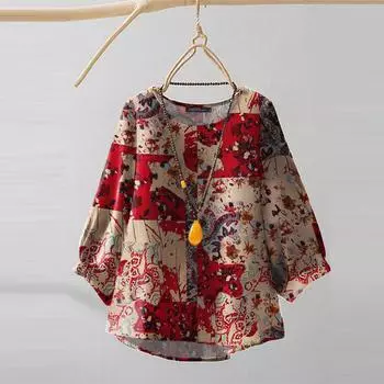 Женская повседневная свободная блузка с этническим принтом и рукавом 3/4 M синий