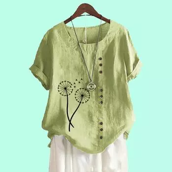 Женская повседневная свободная блузка с цветочным принтом, топ из хлопка и льна, модная футболка с коротким рукавом S коричневый