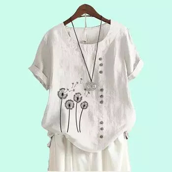 Женская повседневная свободная блузка с цветочным принтом, топ из хлопка и льна, модная футболка с коротким рукавом S коричневый