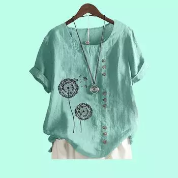 Женская повседневная свободная блузка с цветочным принтом, топ из хлопка и льна, модная футболка с коротким рукавом S коричневый