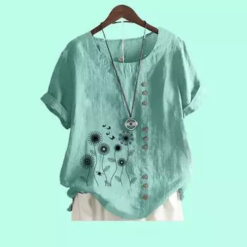 Женская повседневная свободная блузка с цветочным принтом, топ из хлопка и льна, модная футболка с коротким рукавом S коричневый