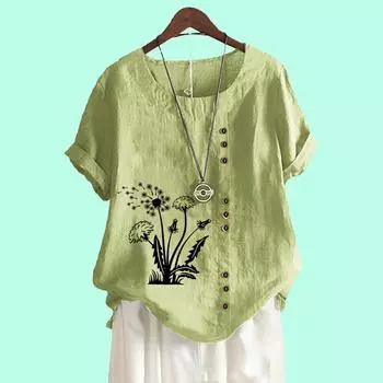 Женская повседневная свободная блузка с цветочным принтом, топ из хлопка и льна, модная футболка с коротким рукавом S коричневый