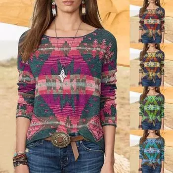 Женская повседневная свободная блузка с длинным рукавом с круглым вырезом и принтом, футболка, топы