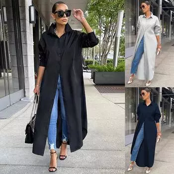 Женская повседневная свободная длинная рубашка с длинными рукавами и длинными рукавами, однотонное платье-рубашка M чёрный