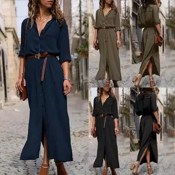 Женская повседневная свободная длинная рубашка с длинными рукавами и длинными рукавами, однотонное платье-рубашка L армия зеленый