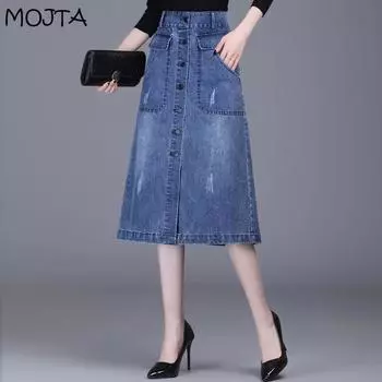 Женская повседневная свободная джинсовая юбка средней длины с высокой талией больших размеров на весну и осень