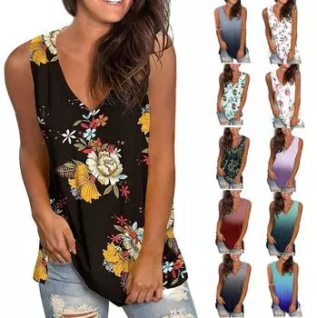 Женская повседневная свободная футболка без рукавов с v-образным вырезом и открытыми плечами с цветочным принтом, топ L