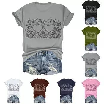 Женская повседневная свободная футболка с цветочным принтом, пуловер с круглым вырезом и короткими рукавами L армия зеленый