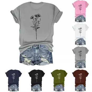 Женская повседневная свободная футболка с цветочным принтом, пуловер с круглым вырезом и короткими рукавами XXL