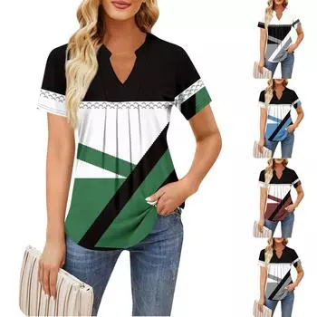 Женская повседневная свободная футболка с коротким рукавом и v-образным вырезом на груди, плиссированная свободная футболка с принтом, топ L чёрный