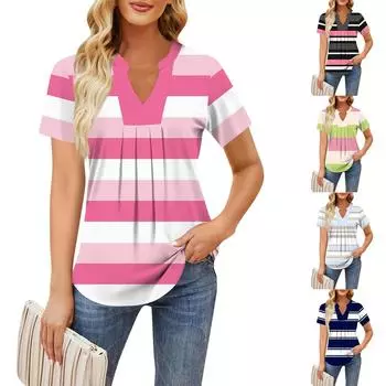 Женская повседневная свободная футболка с коротким рукавом и v-образным вырезом на груди, плиссированная свободная футболка с принтом, топ L темно-синий