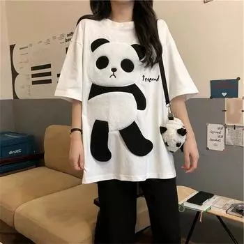 Женская повседневная свободная футболка с круглым вырезом, лето 2024, корейская футболка с рисунком панды и вышивкой, длинная футболка с короткими рукавами, женская одежда, топы 2XL белый