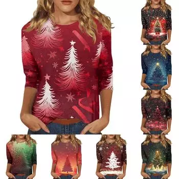 Женская повседневная свободная футболка с круглым вырезом и рождественским принтом и рукавами три четверти L